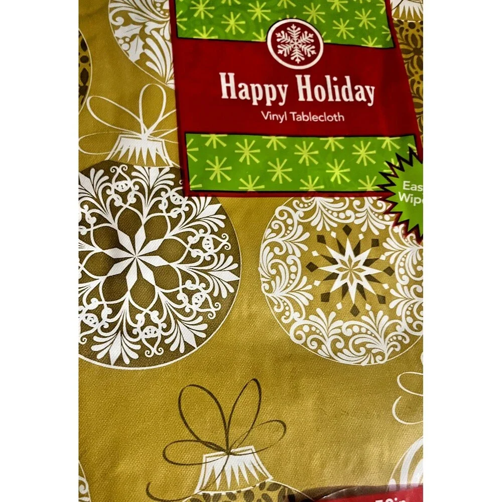 Christmas Ball Ornaments Gold Vinyl Tablecloth Flannel Backed Holiday 52x90
